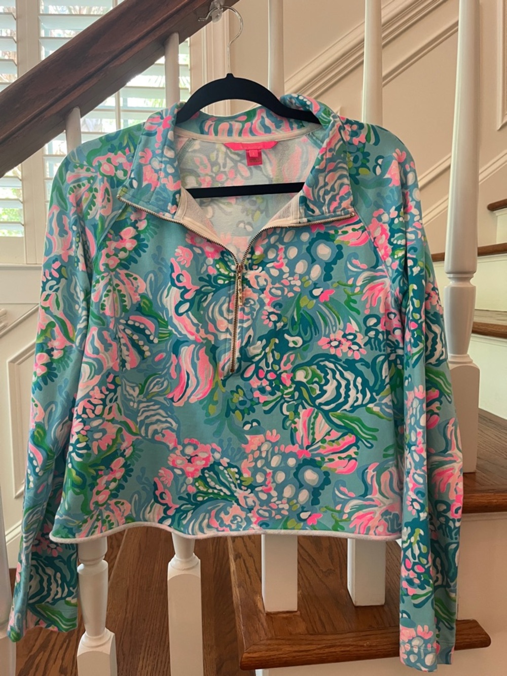 Lilly Pulitzer Crop Popover Turquoise Floral Half-Zip